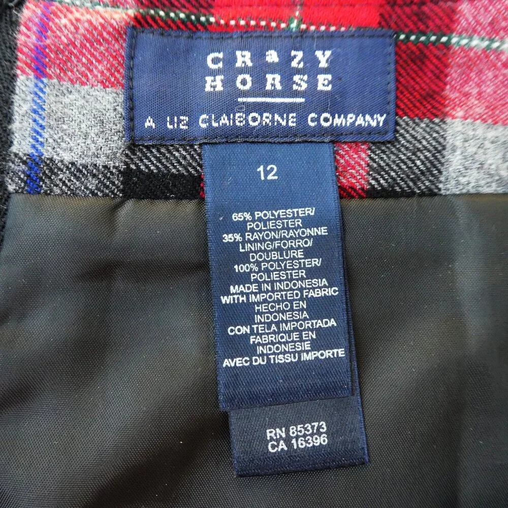 Crazy Horse Liz Claiborne Red Plaid Maxi Skirt Lined Faux Wrap Back Zip 12